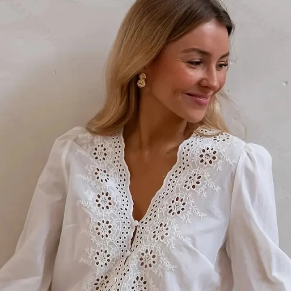 Embroidered Hollowed Out Eyelett Neckline Button Up Blouse with Balloon Sleeves - Picture 5 of 6